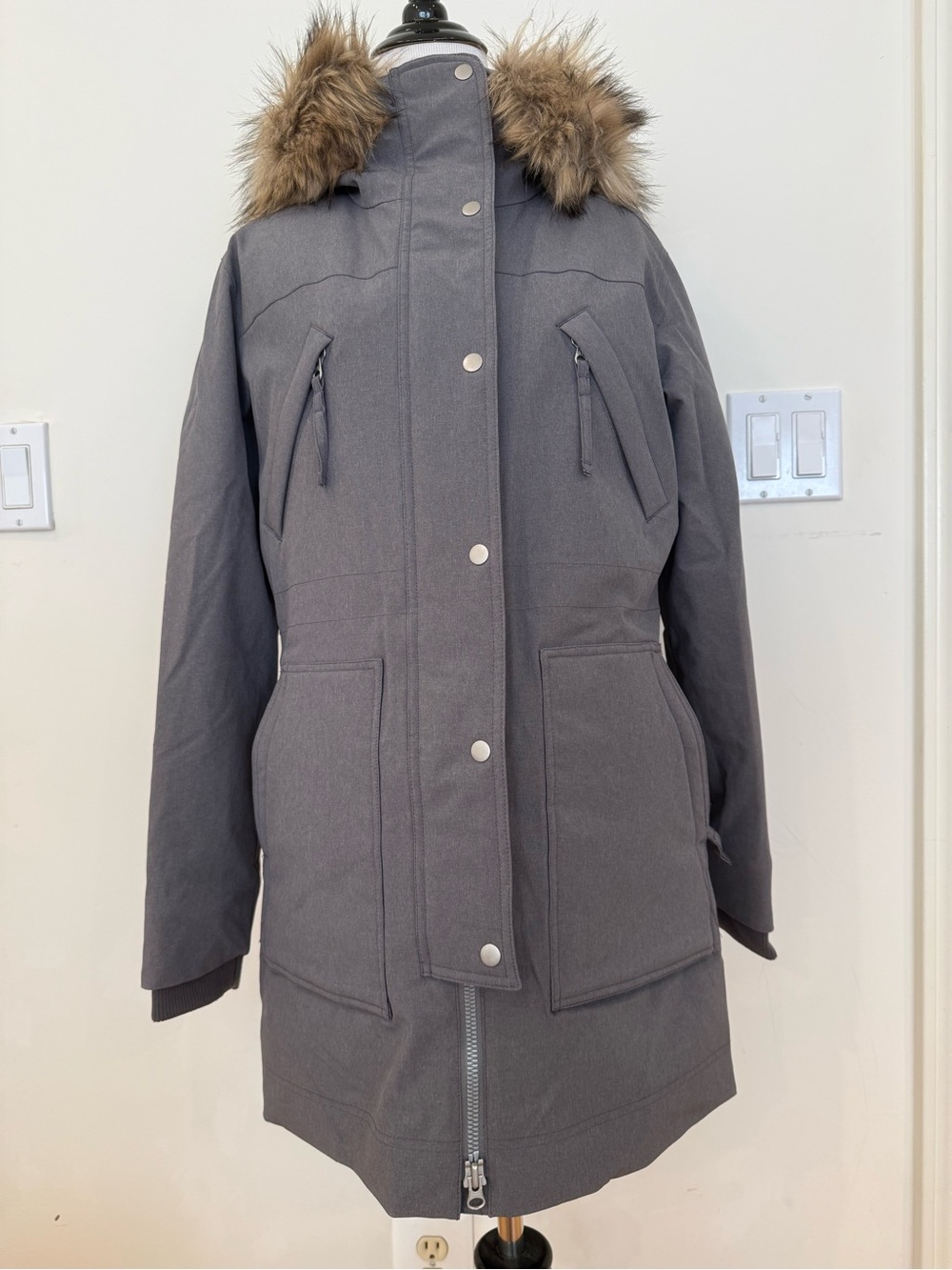 Basin Range Gray Down Parka Coat with detachable Faux Fur Hood